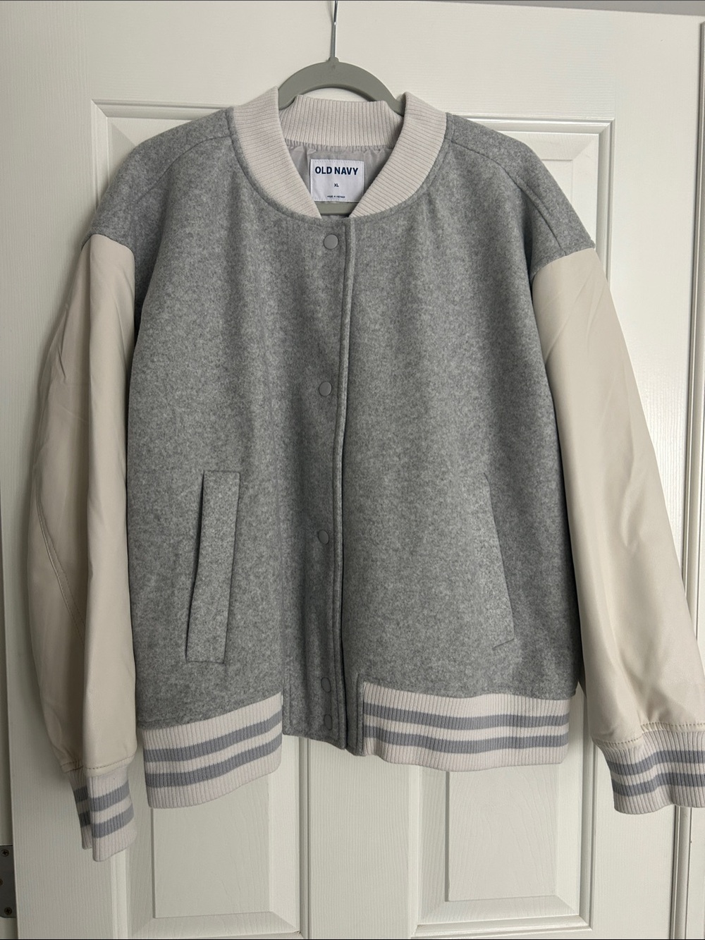 Old Navy Grey Wool-Blend Bomber Jacket with Cream Sleeves NWT